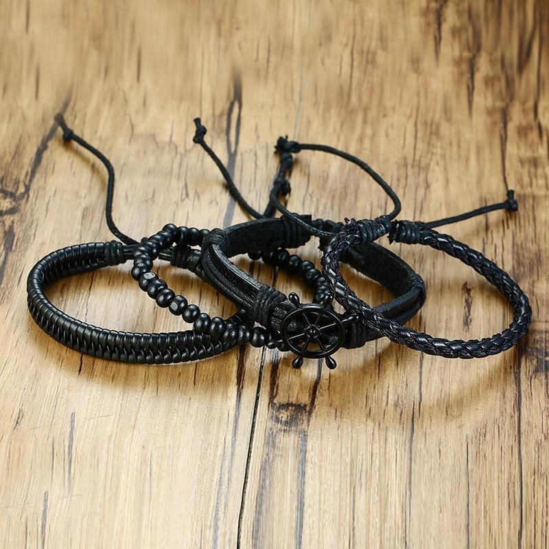 Vnox Mix 4Pcs/ Set Braided Wrap Leather Bracelets for Men Women Vintage Wooden Beads Ethnic Tribal Wristbands Bracelet Rudder