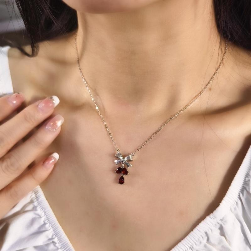 S925 Silver Brushed Bow Necklace Women's Light Luxury Tassel Natural Crystal Stone Pendant Premium Sense Clavicle Chain Gift