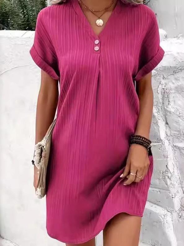 2024 European & American V-neck Solid Color Casual Button Dress for Women