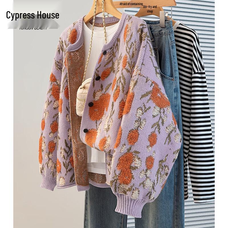 

Women s Autumn Retro 3D Floral Loose Knit Cardigan One Size