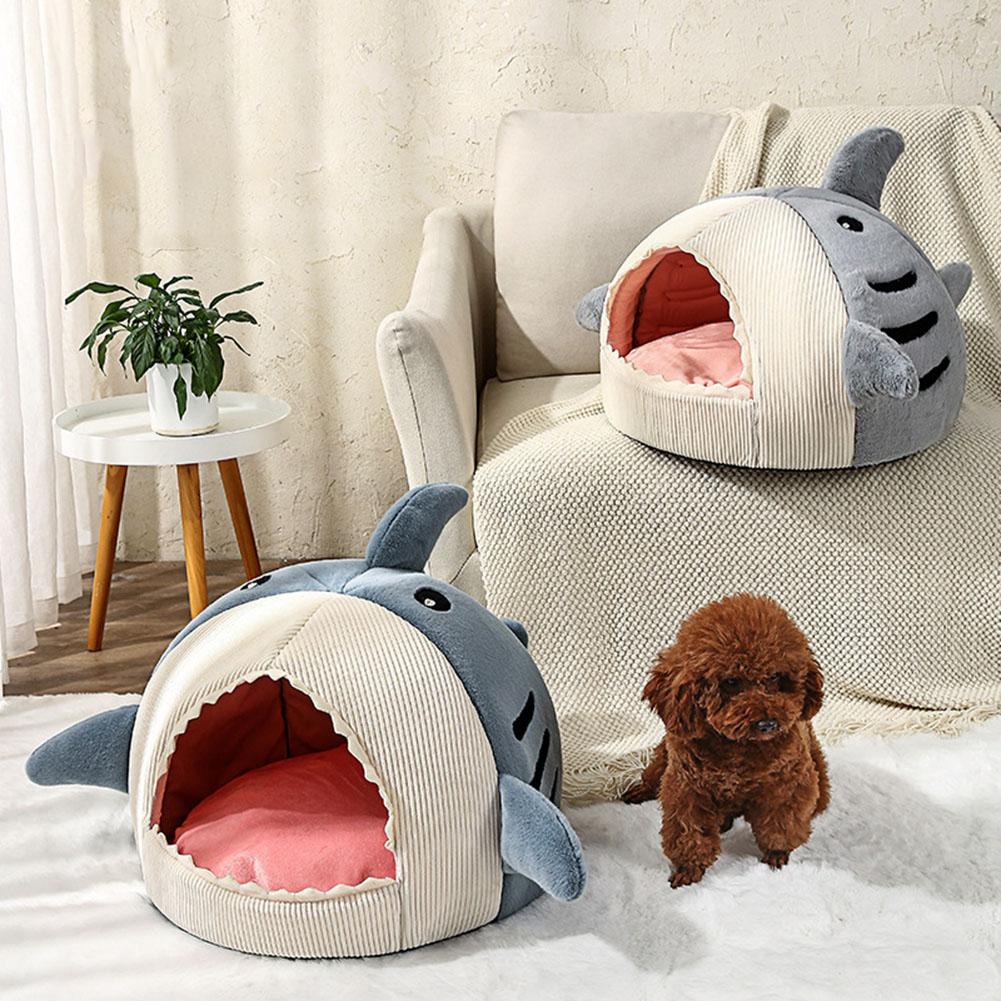 Cute Shark Pet Sleeping Bed Hideout House Warm Soft Comfortable Semi-closed Cat Dog Nest Pet Products