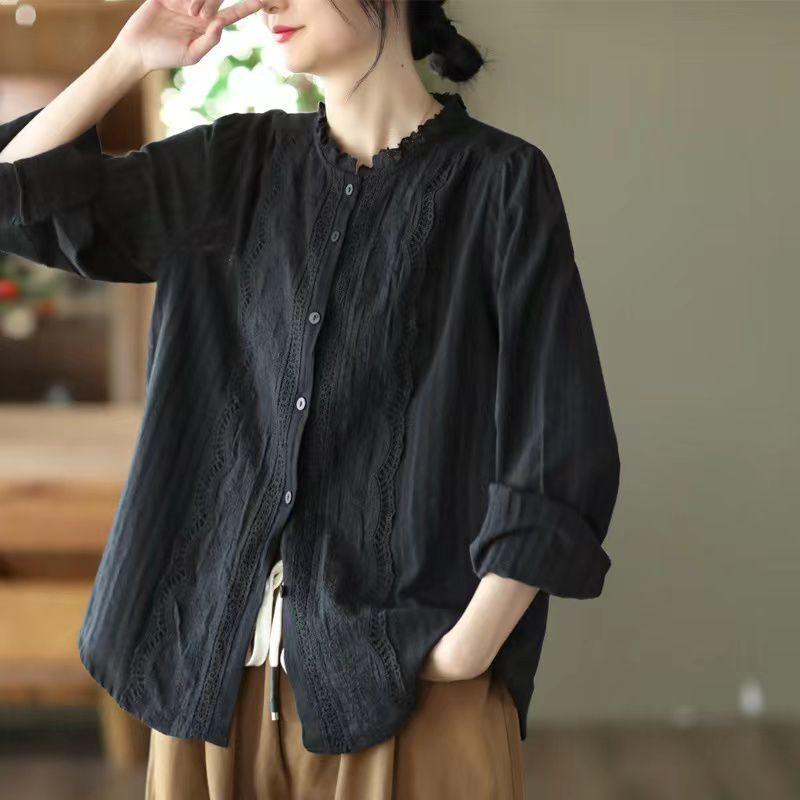 

Хлопковая рубашка с кружевной отделкой для женщин - Весенняя свободная посадка, Большой размер, Омолаживающая, Слим-топ Extra Large чёрный