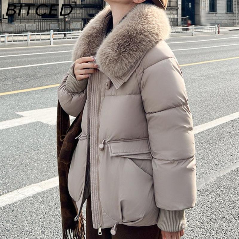 BITCED Women's Short Down-Filled Cotton Jacket with Oversized Fur Collar - Winter Fashion Coat