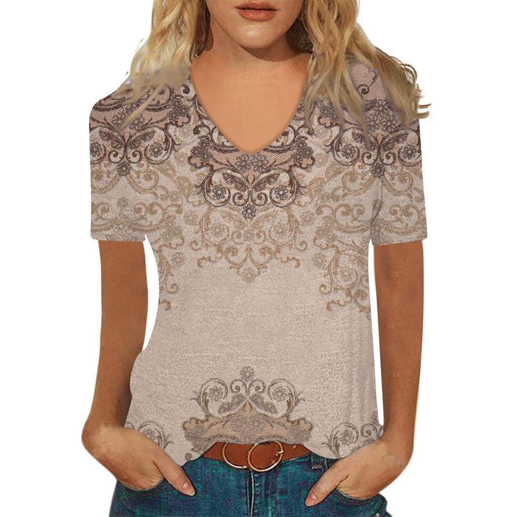 Sommer V-Ausschnitt 3D Abstraktes Retro-Muster Bedrucktes Oberteil Modische Lässige Kurzarm Damen T-Shirts