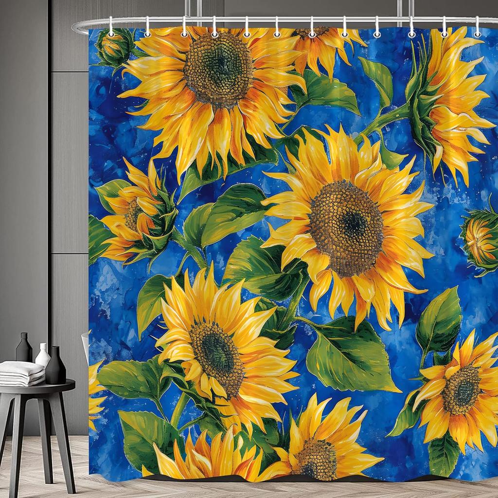 Sunflower Shower Curtain Blue Background Watercolour Art Aesthetic Rustic Wildflowers Sunshine Flower Yellow Bathroom Decor