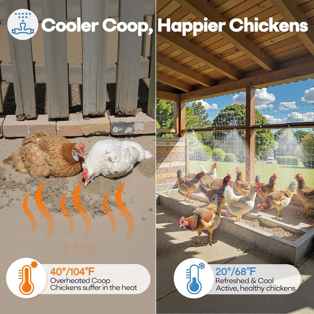 Chicken Coop Mister, 26FT Chicken Cooling System with 12 Brass Mist Nozzles, Filter, Cutter & 3/4" Adapter, Backyard Chicken Misters for Coop,