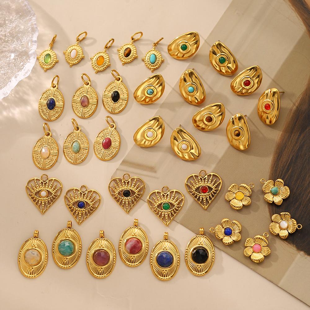 CARLIDANA Luxury Gold Plated Stainless Steel Charm Evil Eye Oval Heart Flower Colorful Natural Stone DIY Jewelry Making Women