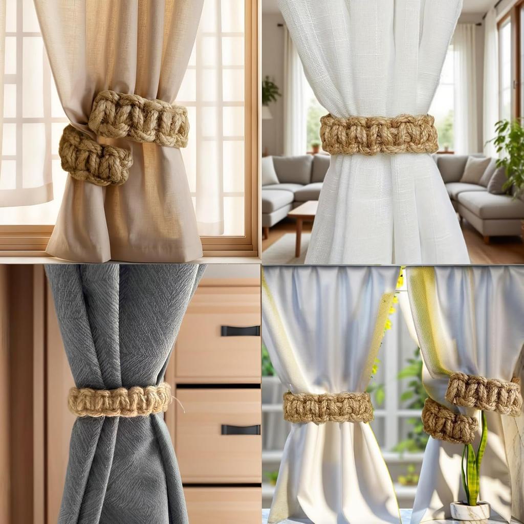 4 Pack Braided Curtain Tiebacks, Farmhouse Boho Rustic Holdbacks, Handmade Decor Accessories for Home Office Bedroom Window Drapes (4, Natural)