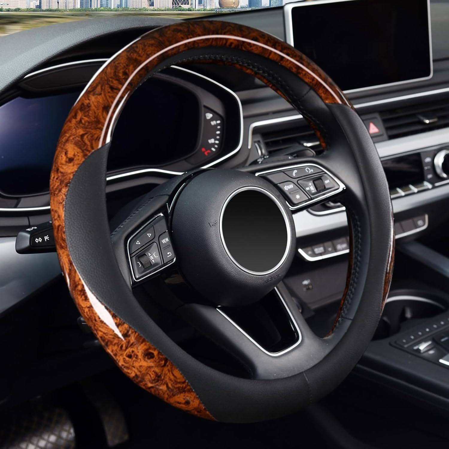Wood Grain Steering Wheel Cover Microfiber Leather Universal 14 1/2-15 brown