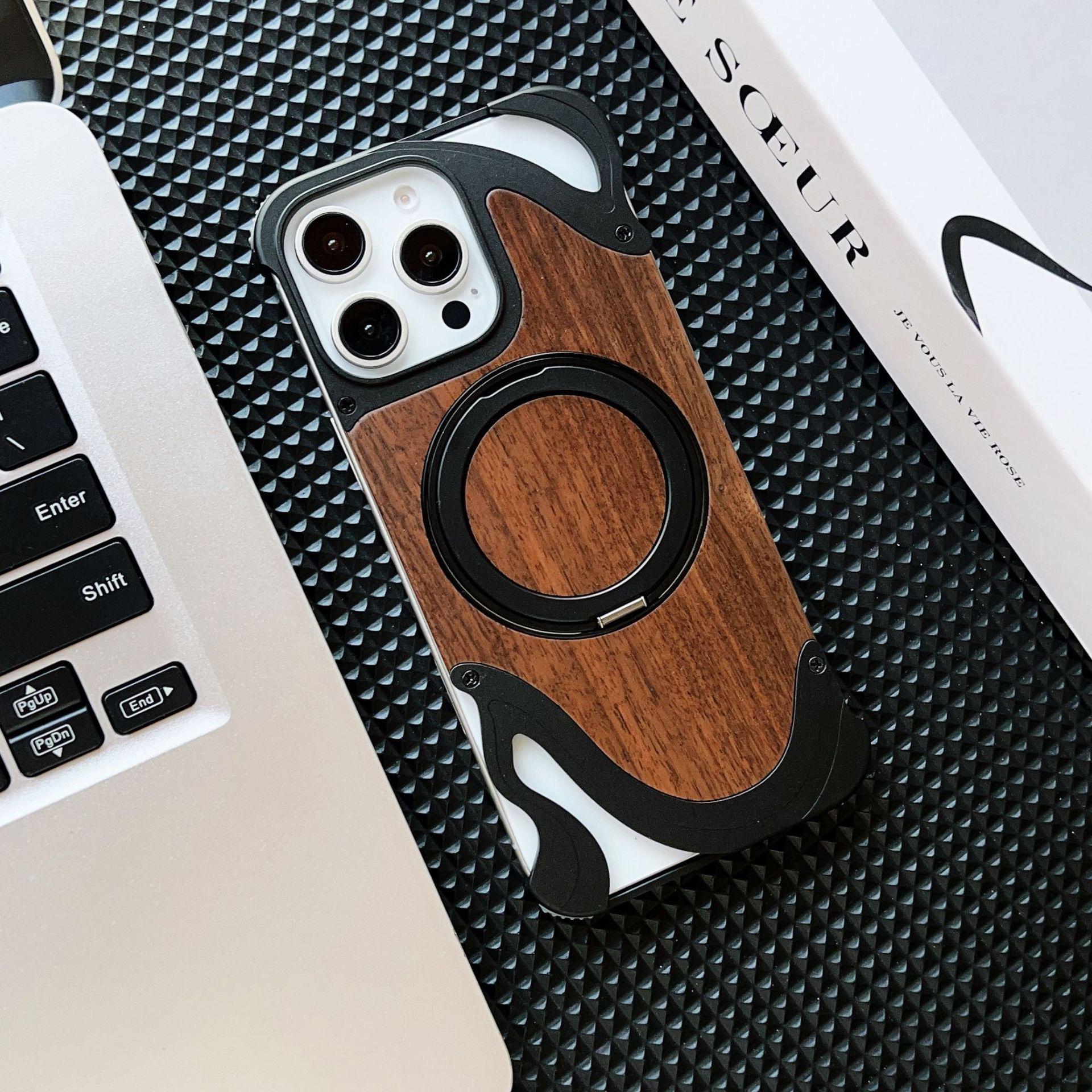 

Apple 17 Pro Max Magnetic Walnut Wood Metal Phone Case with Rotating Bracket iPhone 14 Pro Max