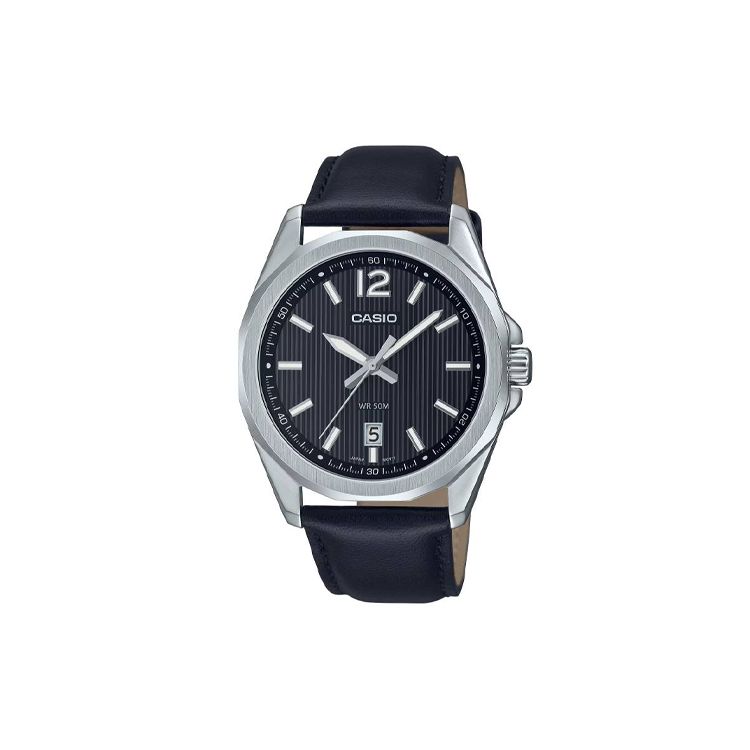 

Casio 50M Water Resistant Quartz Watch With Genuine Leather Strap Men Watches Black MTPE725L1A Black Dial