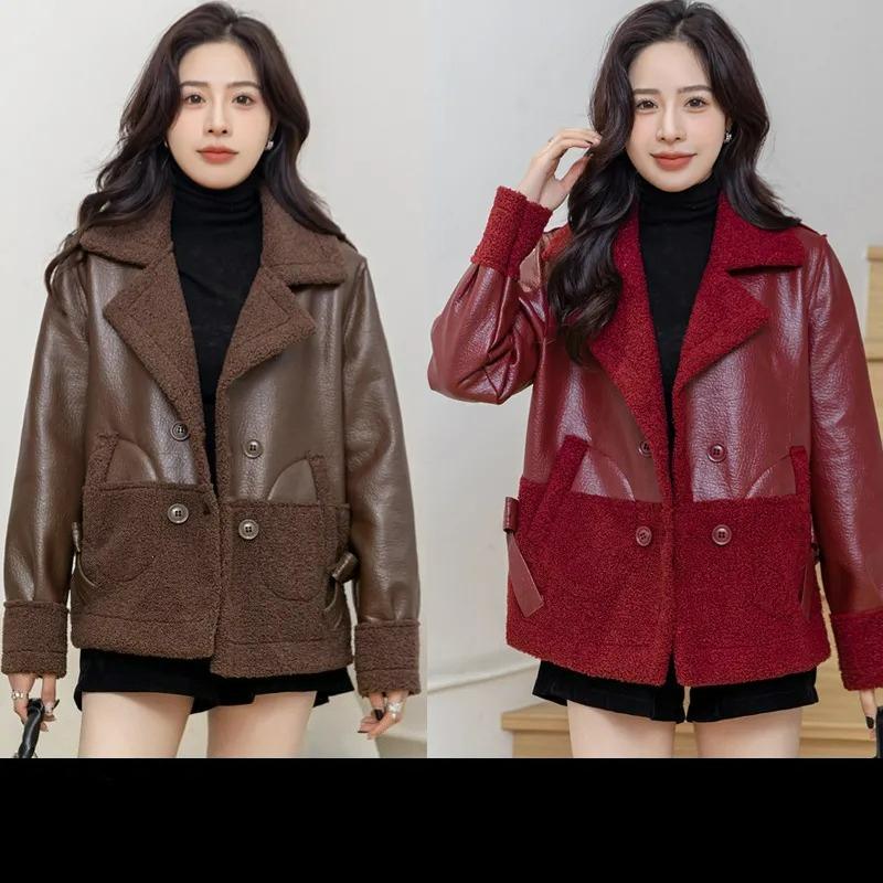 Leather Women's Plus Velvet Thickened Autumn and Winter Wear Loose Winter Western Style Short Ladies Leather Jacket on Both Sides