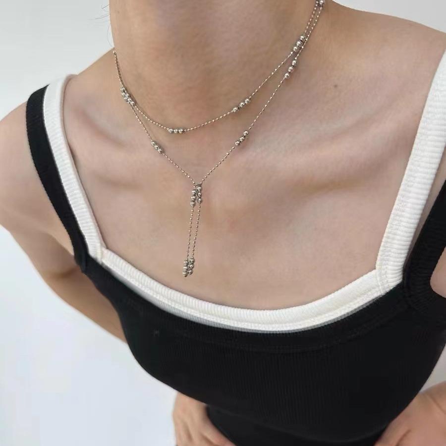 Double Layered Silver Color Bead Necklace Simple Thin Chain Round Beads Tassels Trendy Design Collarbone Chain Women's Jewelry