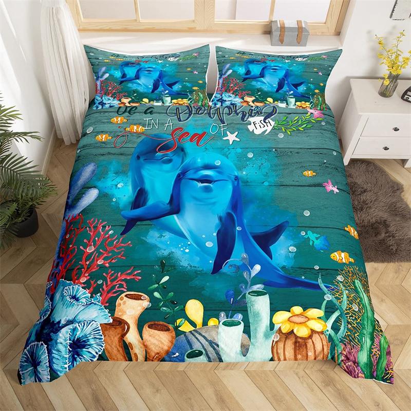 Dolphin Duvet Cover Nautical Sea Animal Bedding Set Underwater World Fish Sealife Quilt Cover Coral Reef Seaweed Queen Bed Set