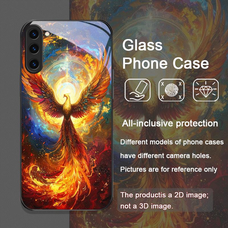 Aesthetic Phoenix Fire Feather Pattern Tempered Glass Phone Case for Samsung Galaxy S25 Ultra S24 S23 Plus S22 S21 S20 FE Cover