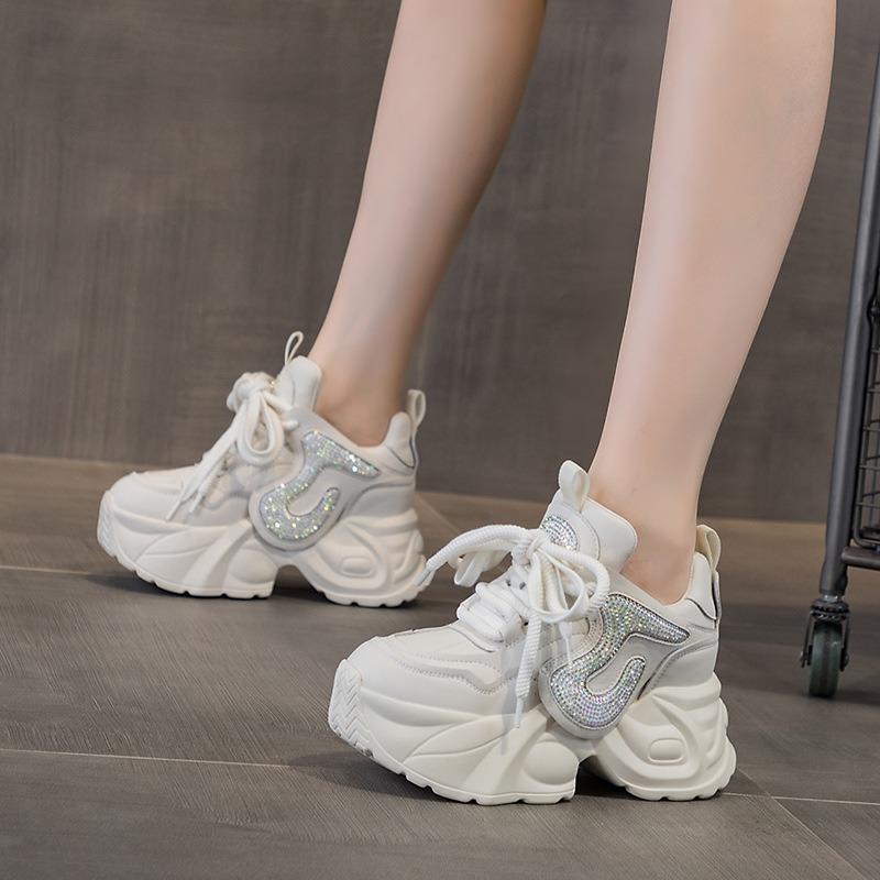 Fashion 7CM New Genuine Leather Platform Wedge Women Spring Autumn Chunky Sneakers 2024 Fashion Boots Bling Vulcanize Well-fitting Shoes