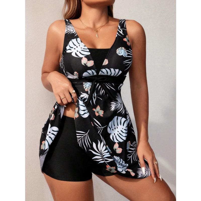 Tropical Leaf Print Tie Waist Swimdress - Modest Two Piece Swimsuit with Shorts