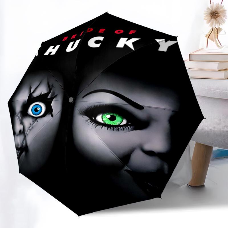 1pc Bride of Chucky Fashion Automatic 3-Fold Cartoon Umbrella Design, Cute Cartoon Pattern, Portable Outdoor Umbrella, Perfect, Holiday Gift for