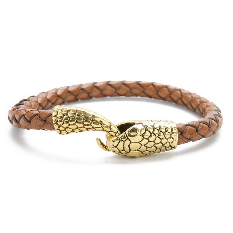 Vintage Silver Color Snake Easy-Hook Leather Bracelets Men Viking Jewelry Black Brown Braid Bracelet Charms Bangle 2019