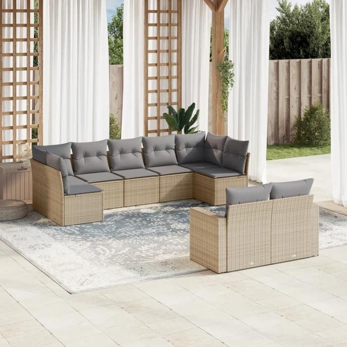 VidaXL Salon de Jardin avec Coussins 9 pcs, Canapés de Terrasse, Ensemble de Meubles de Patio, Mobilier d'Extérieur, Beige 3219409