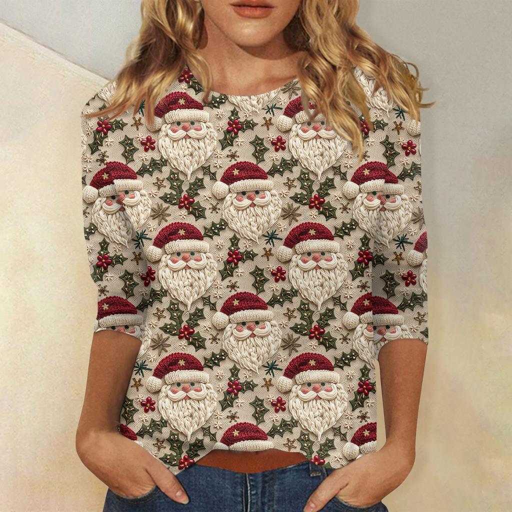 Women's Fashionable Casual Three-Quarter Sleeve Christmas Print Round Neck Top