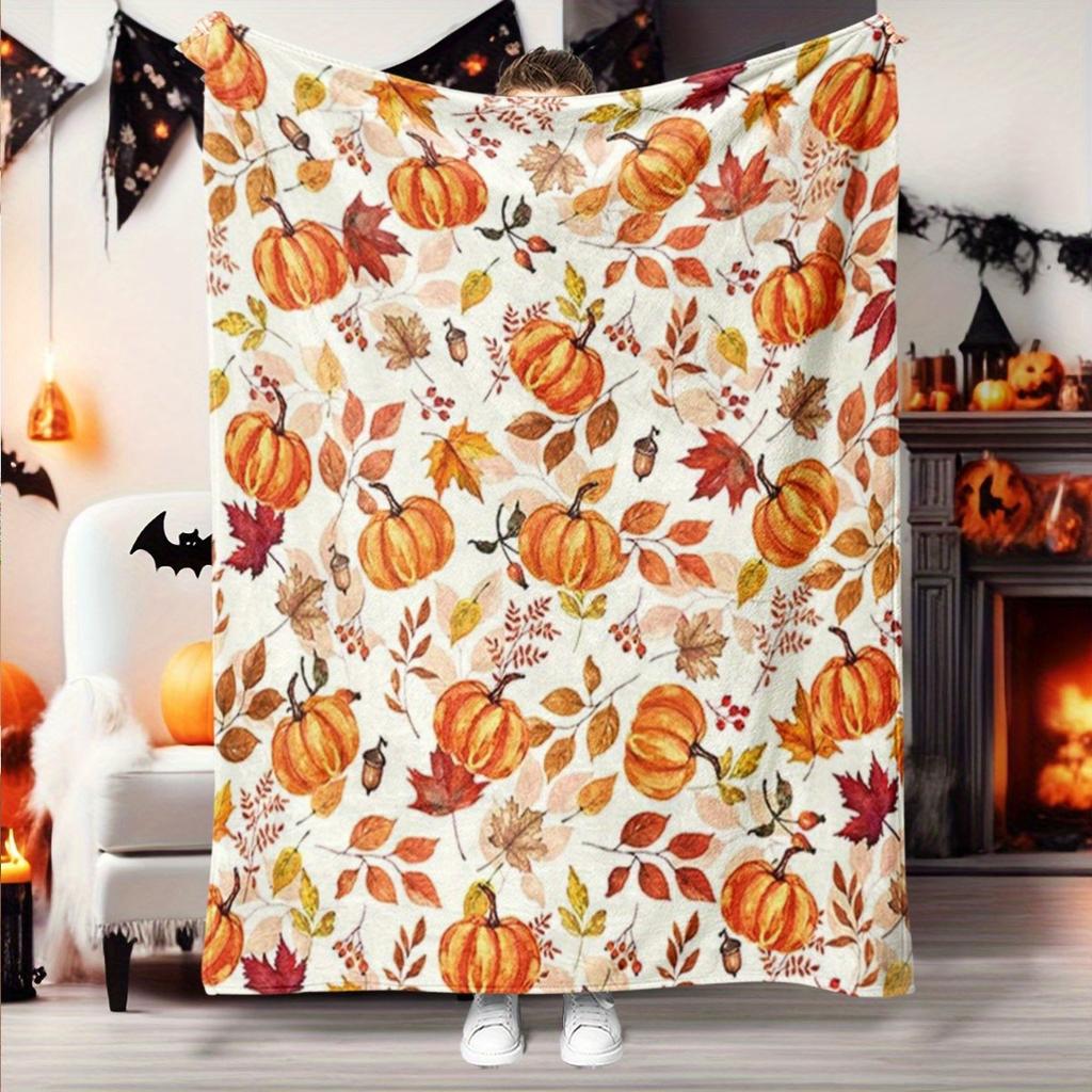 1pc Plush Flannel Blanket: Pumpkin Leaf Print (Autumn Colors), Soft Lightweight - Farmhouse Fall/Halloween/Thanksgiving Decor
