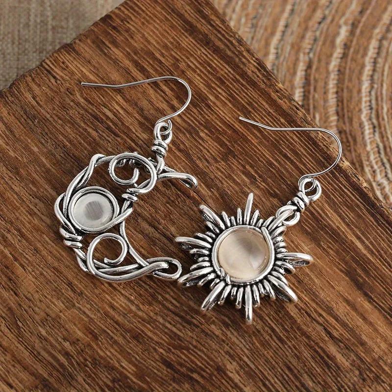 Vintage Exquisite Silvery Plated Sun Moon Pattern Pendant Earrings for Women's Creative  Jewelry Accessories Perfect Gift