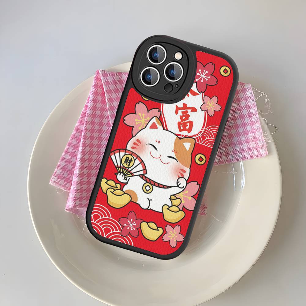 

Maneki Neko Lucky Money Cat For IPhone 16 15 14 13 12 11 Pro Max Plus Shockproof Leather Soft Phone Cover iphone XS