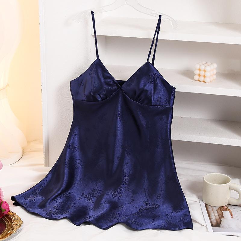 Sexy short backless home nightdress, solid color summer jacquard V-neck suspender skirt simulation silk thin dress women
