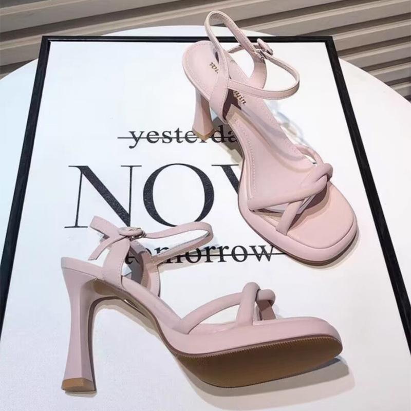 Beige sandals women's 2025 new outer wear summer word with open-toed small fragrant waterproof table high heels