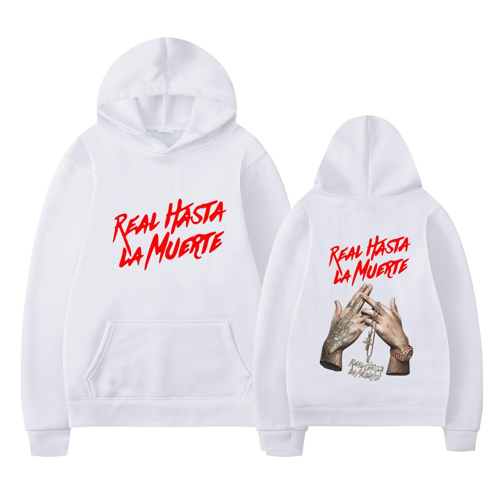 Anuel AA Hoodie Unisex Double Sided Fleece Sweatshirt, Real Hasta La Muerte Red Script & Tattooed Hands Rosary Print, Latin Trap Hip Hop Streetwear