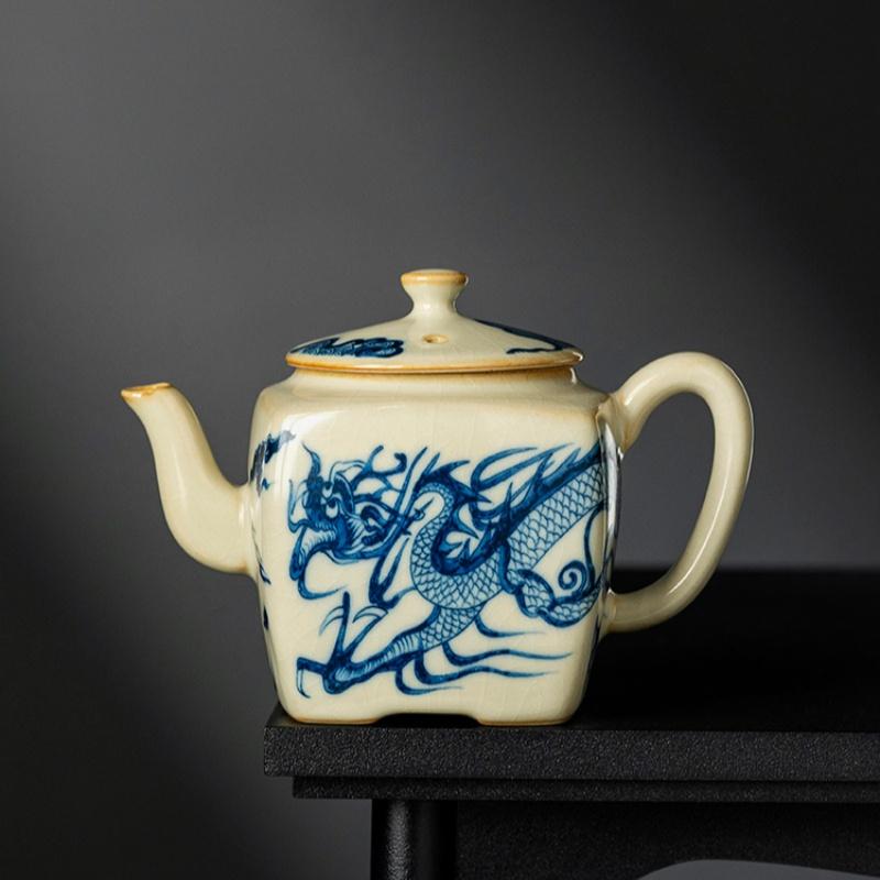 175ml Traditional Ru Kiln Blue And White Dragon Pattern Square Tea Pot For Brewing Tea High-End Tea Ceremony Kungfu Tea Set