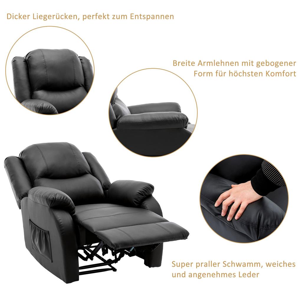 Recliner 130° Tiltable, Single Sofa Leg Rest, Pull-out Recliner PU Leather Armchair, Reclining Chair Side Pocket, Living Room, Black
