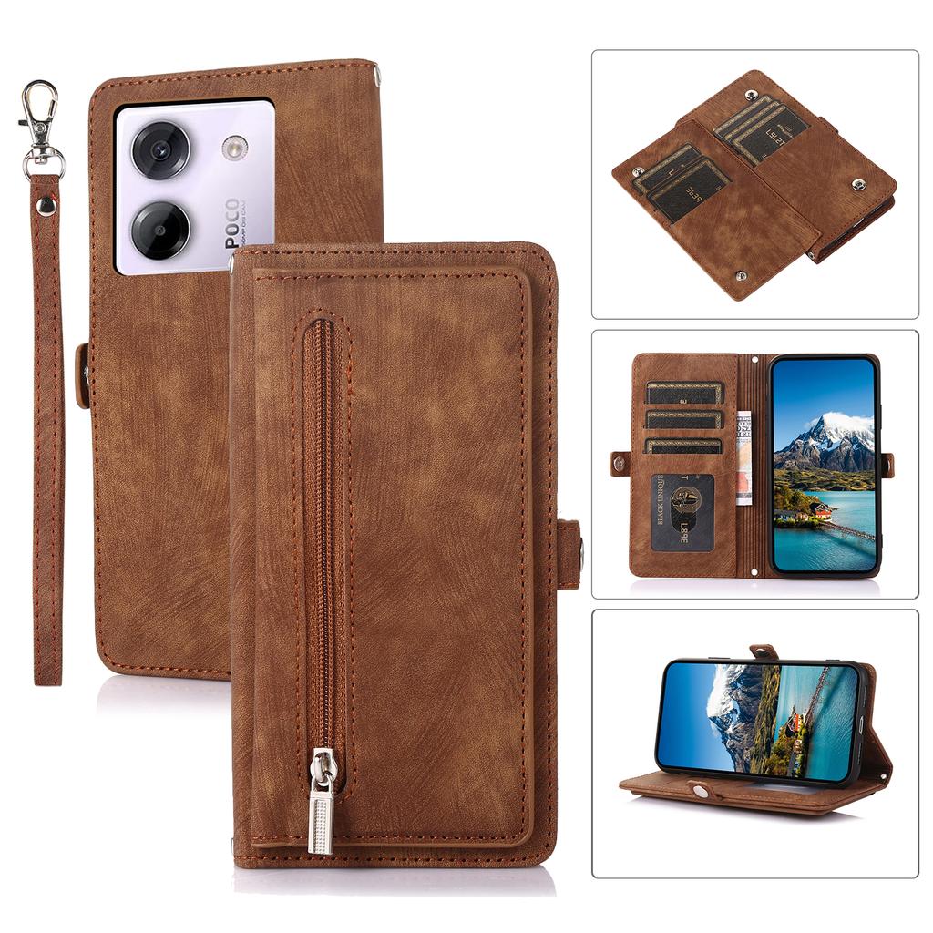 For Xiaomi Poco M7 Pro 5G Etui Glidelåslomme 9 Kortlommer PU Lær Telefondeksel med Håndleddsstropp