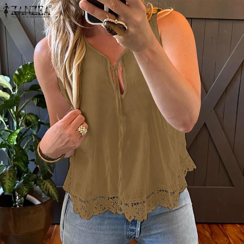 ZANZEA Women Summer Round Neck Sleeveless Lace Vests