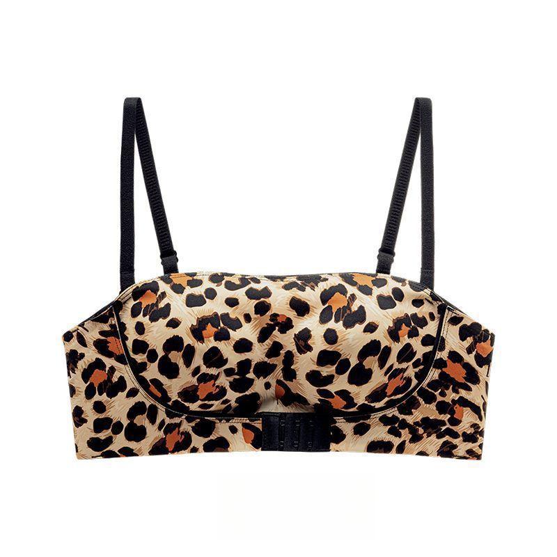 Sexy Leopard Print Strapless Women's Gathering Non Slip Bra with Seamless Lifting and No Steel Ring Bra Front Button Bra