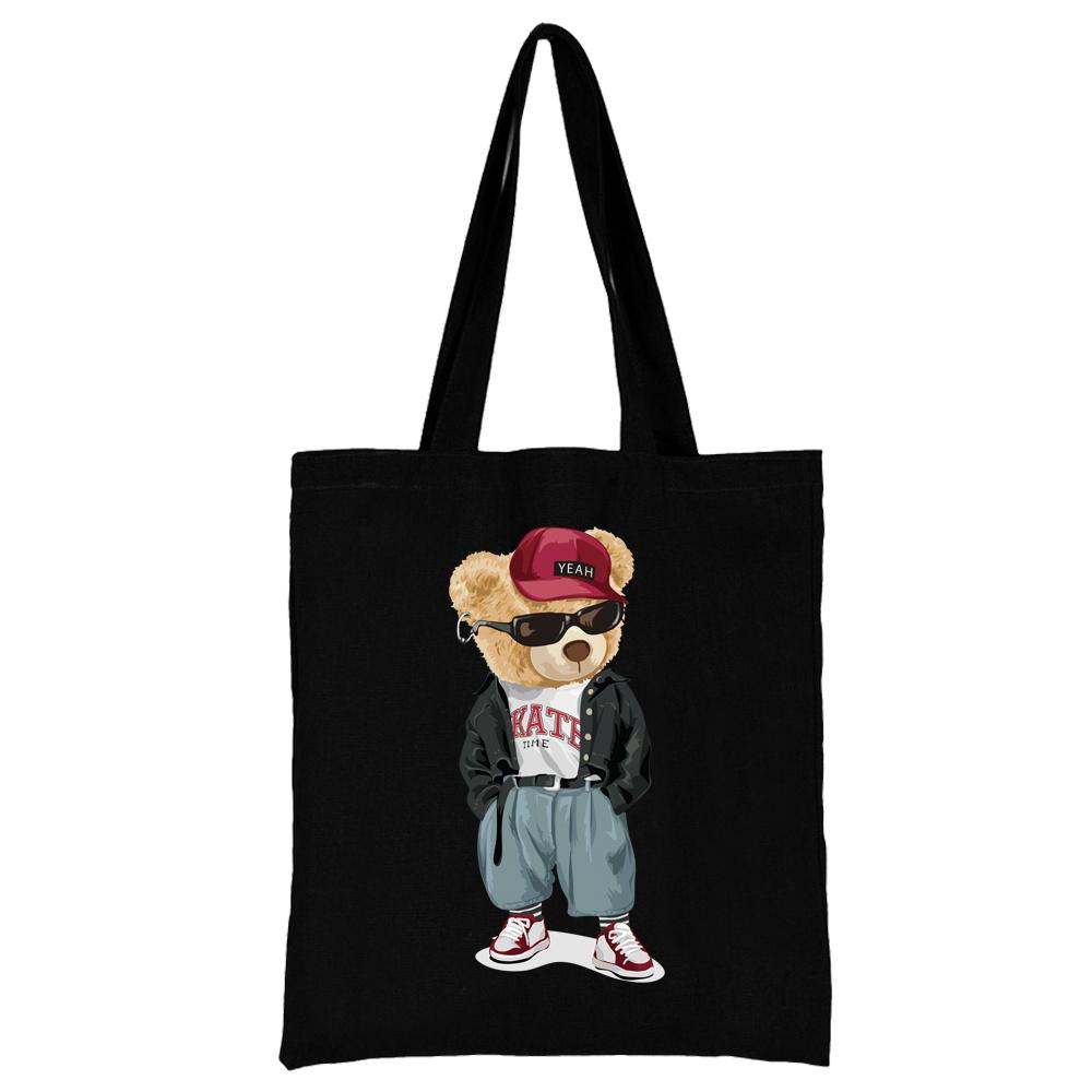 Summer New Teddy Bear Series Canvas Tote Bag Harajuku Style Black Printing High Capacity Shoulder Bag Fashion Shopping Bags