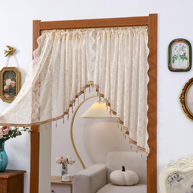 1Stk/2Stk mit Perlen Alljahres-Spitzentürvorhang Französisch Vintage Klarer Tüll Heimdeko Blumenstickerei Dreieck Design