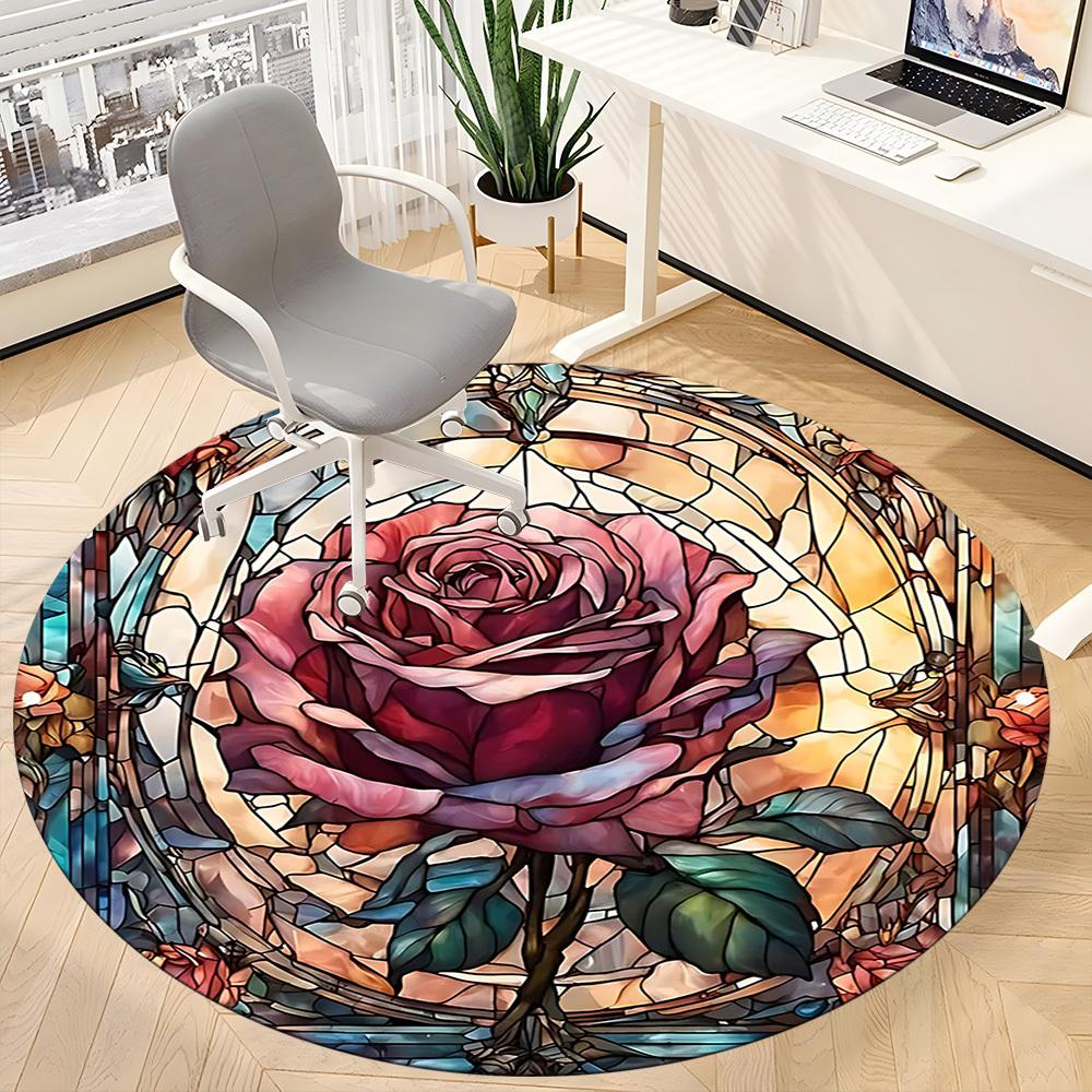 1 Stück Rose Buntglas Büro Runder Teppich, Unter Bürostühlen Schlafzimmer Wohnzimmer Heimdekoration, Raumdeko