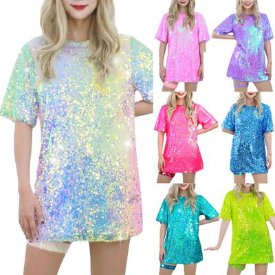Vestido de camiseta de lantejoulas feminino brilhante casual manga curta festa clube traje
