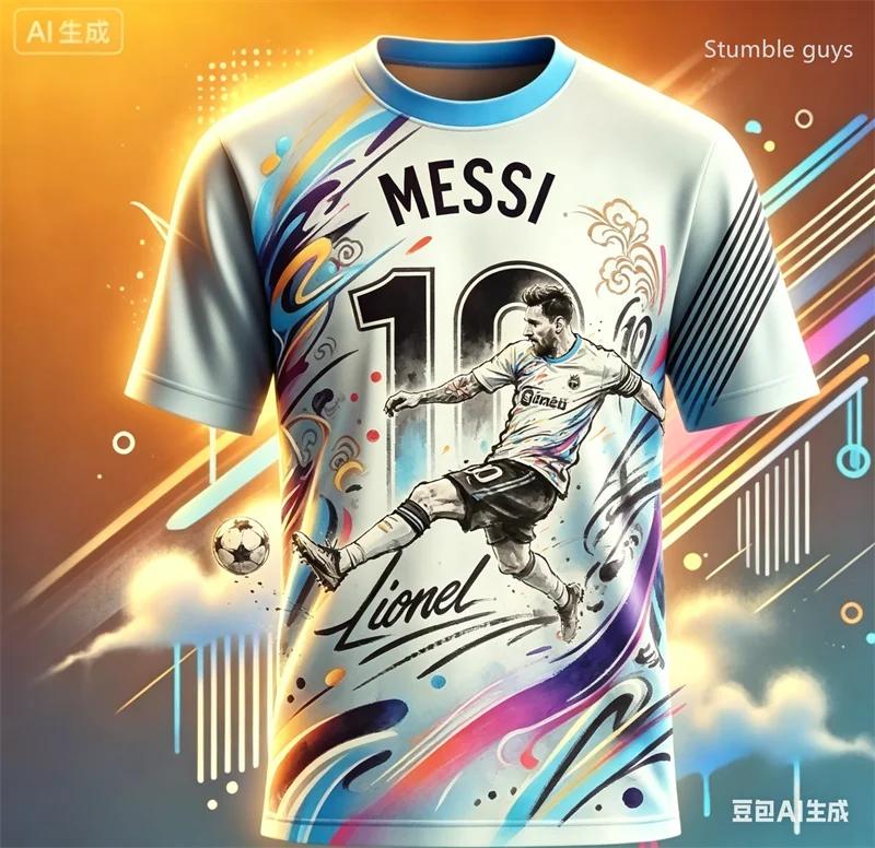 Camiseta Masculina de Verão Infantil Meninos Messi Futebol Manga Curta Casual Esportiva Streetwear Tops Lazer e Exterior