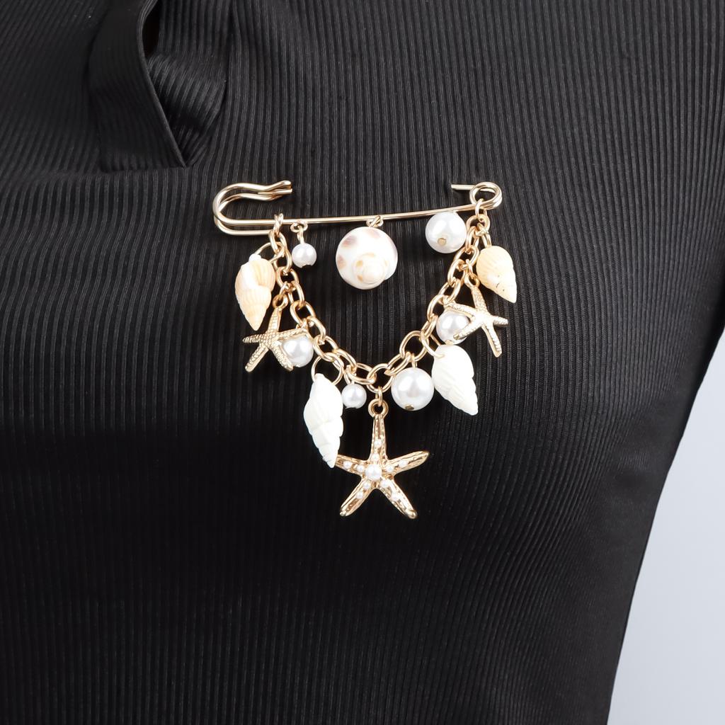European and American Jewelry Summer Conch Shell Starfish Point Diamond Pearl Brooch Clothing Women's Functional Pin Accessories