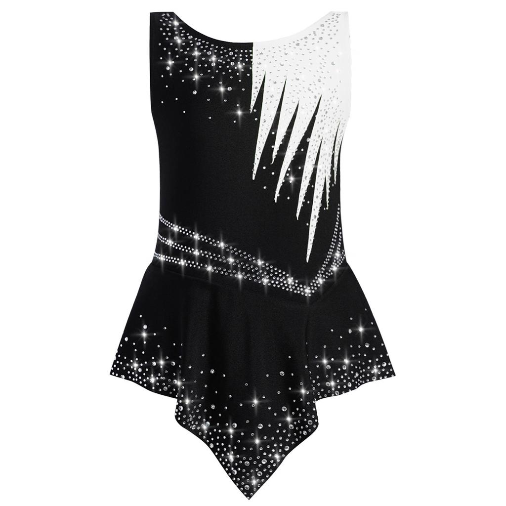 Girls Competition Leotard Sleeveless Style Shiny Rhinestones Contrast Color Bodysuit Gymnastics Performance