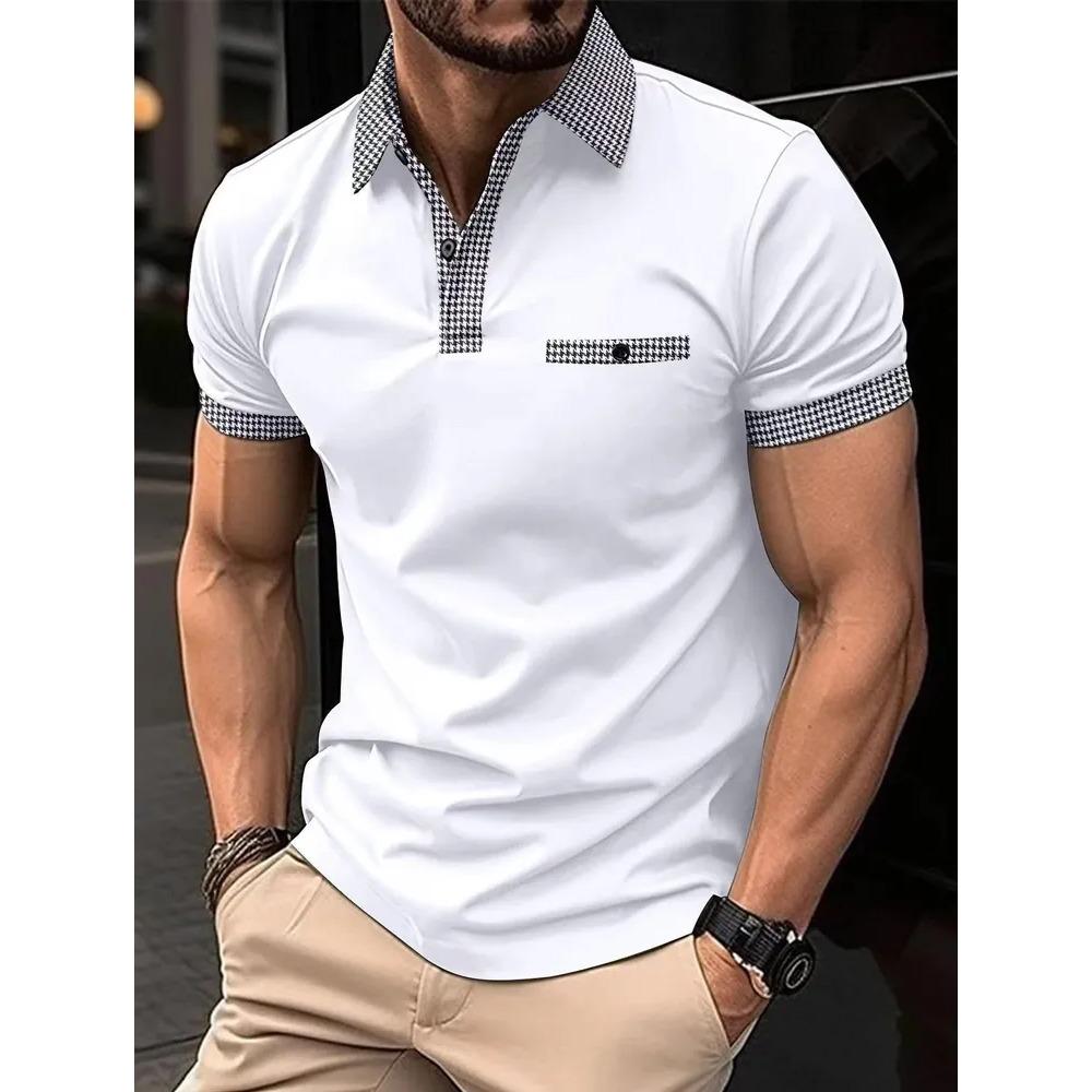 

Houndstooth Pattern Stitching Men Summer Short Sleeve Polo Shirt Men Business Casual Lapel Tops 3XL білий