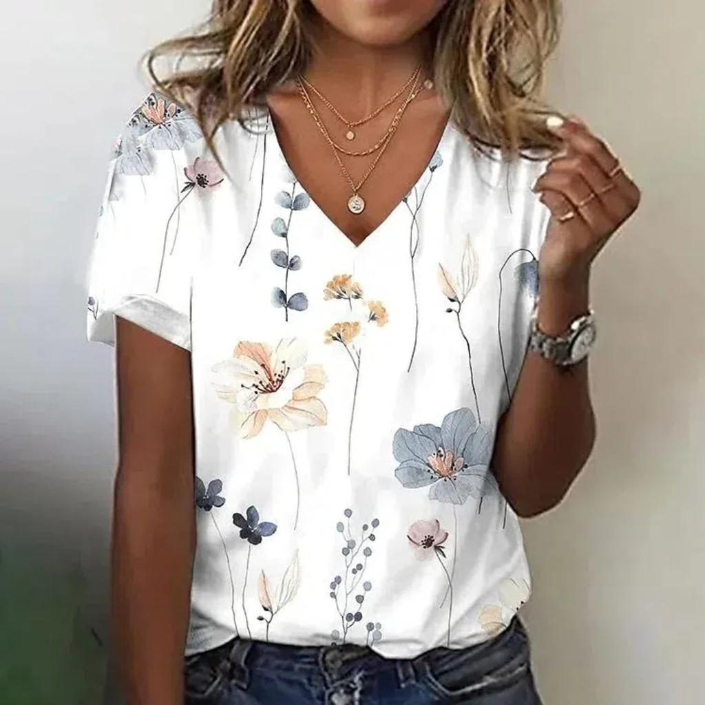 Summer Harajuku Women'S T-Shirt 3d Flowers Print Clothing V-Neck Short Sleeve Tops Fashion Ladies Pullover Oversized Female Tees