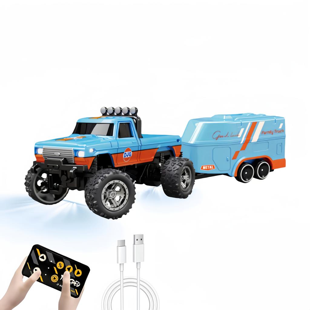 1:64 Scale Mini RC Truck Toy 2.4GHz Off-Road Alloy Truck with Trailer Body Lights Crawler Toy Adjustable Speed Steering Collectible Truck Model Gift