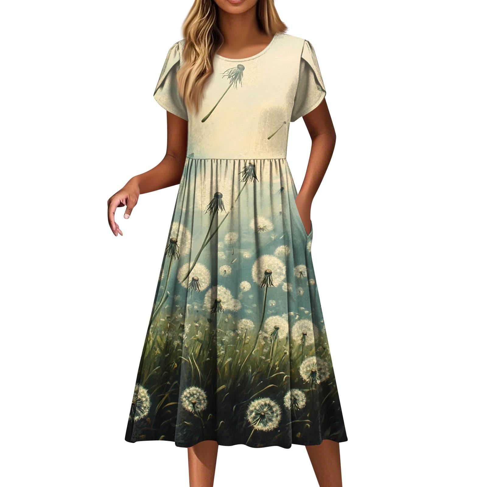 

Женские платья Винтажные цветочные платья с круглым вырезом и коротким рукавом XL жёлтый