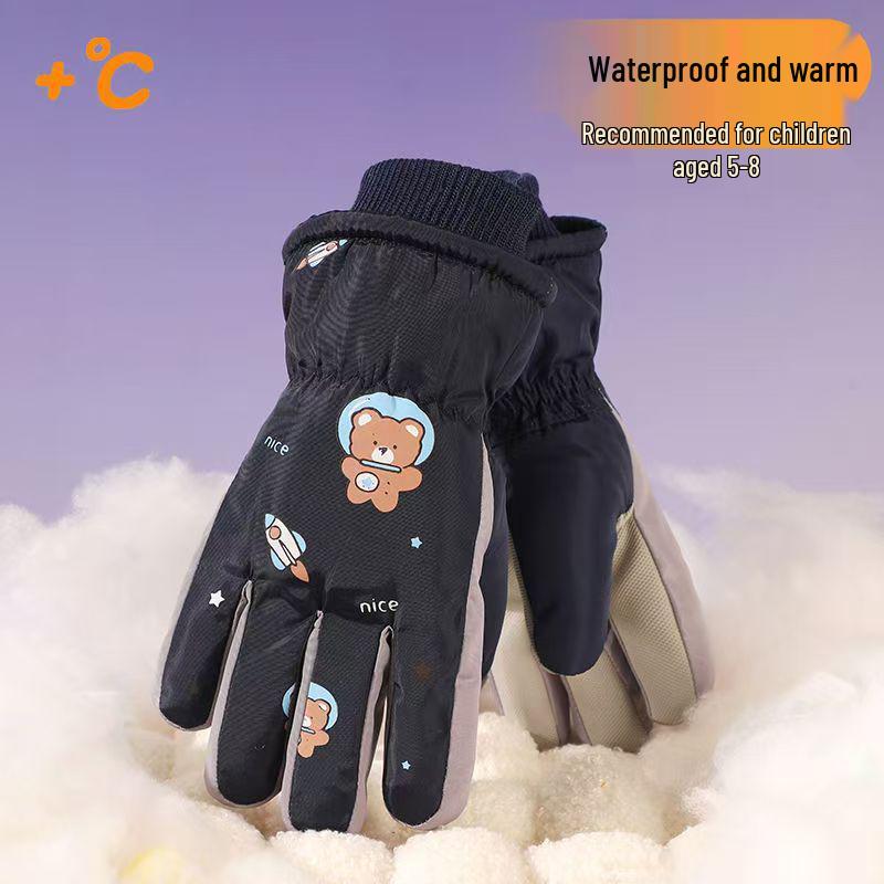 Kids' Cute Waterproof Winter Ski Gloves with Thick Velvet Lining, Warm for Boys & Girls