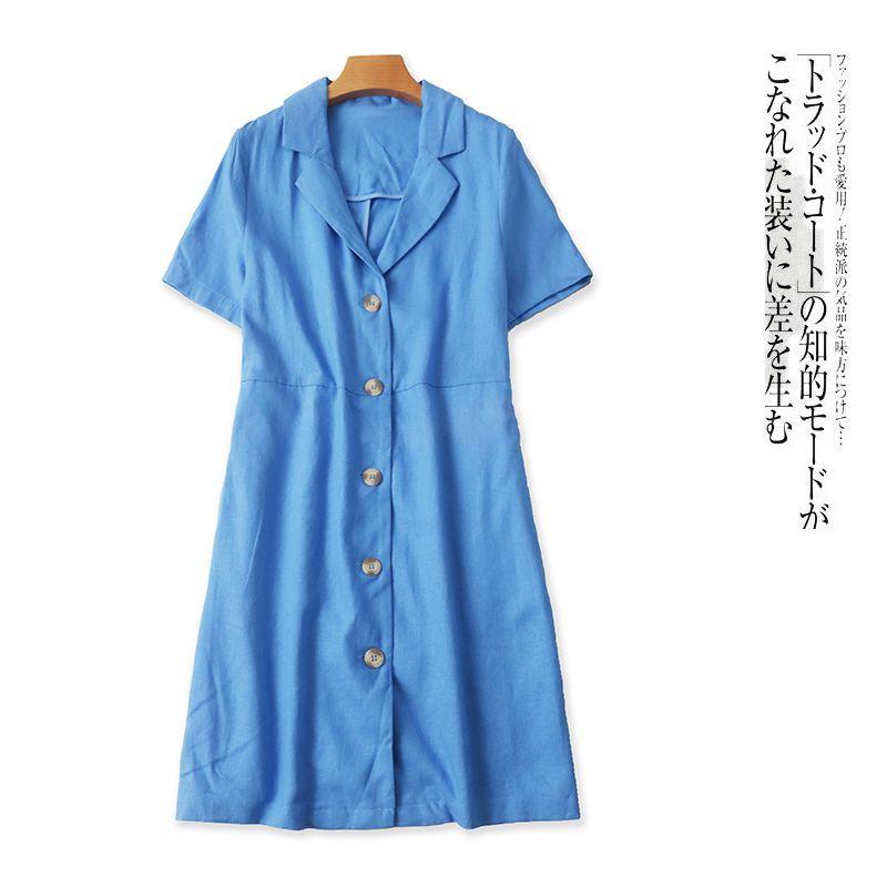 

Linen Shirt Skirt Amoi Export Female Suit Collar Single-Breasted Short Sleeve Half Elastic Waist Casual Dress 28066 Blue B- 13-21-4 M