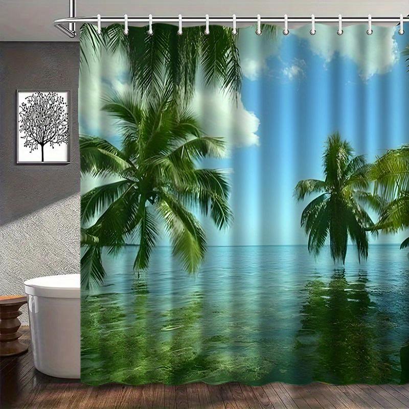 

[Tropical Shower Curtain] Tropical Paradise Shower Curtain - Polyester, Machine Washable, Palm Tree And Lake Print, Ideal For Ba W60H190(CM)-1 Pcs